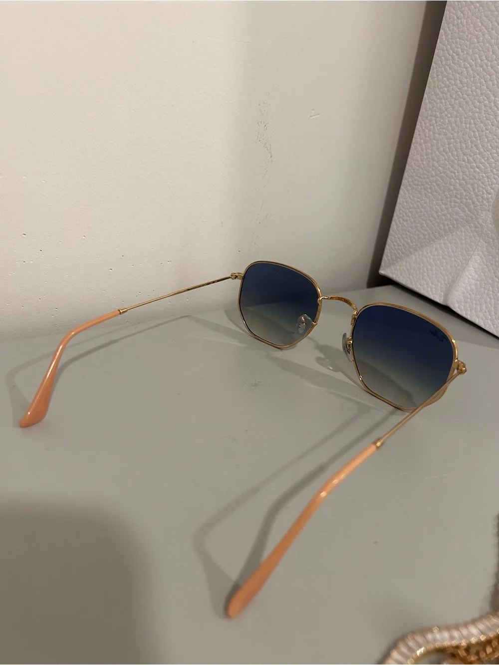 Ray-Ban Hexagonal Sunglasses. Gold Frame & Blue Gradient Lenses
